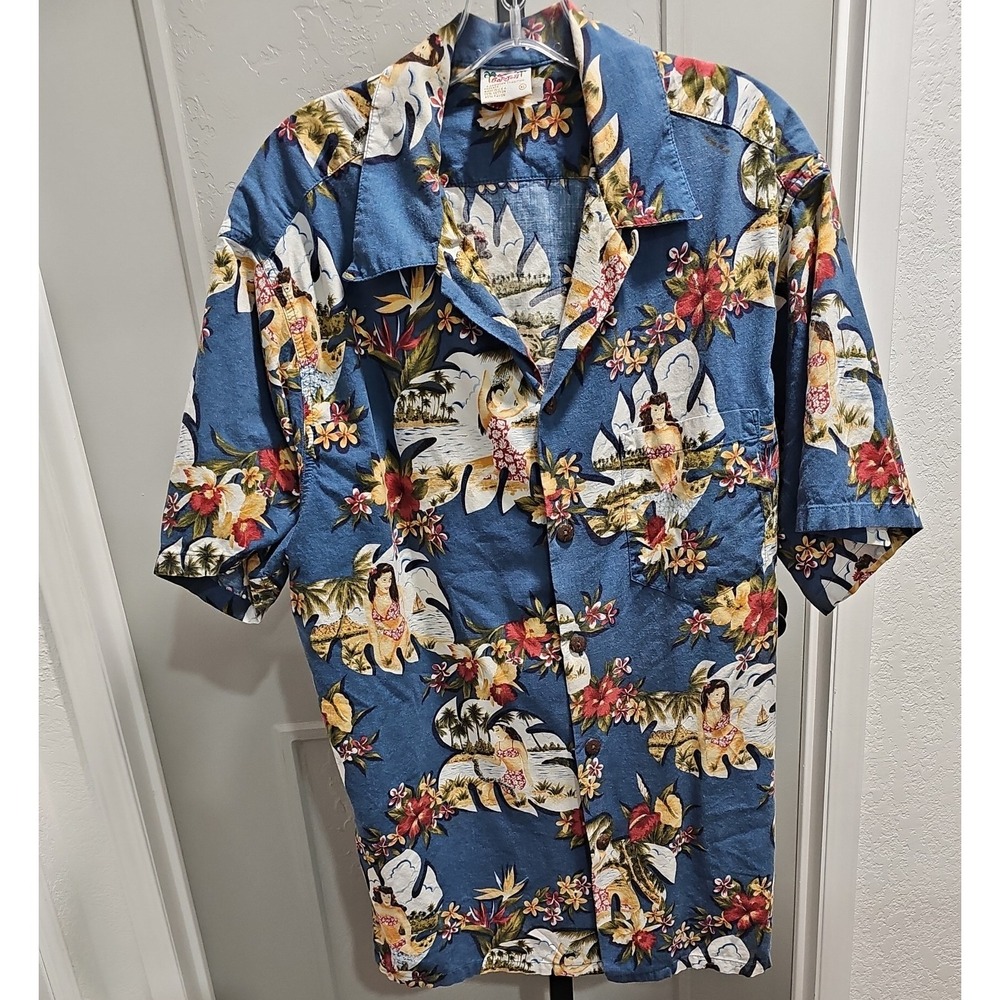 Vintage Go Barefoot Hawaiian Shirt Men XL Cotton Rayon Hula Dancer Blue USA